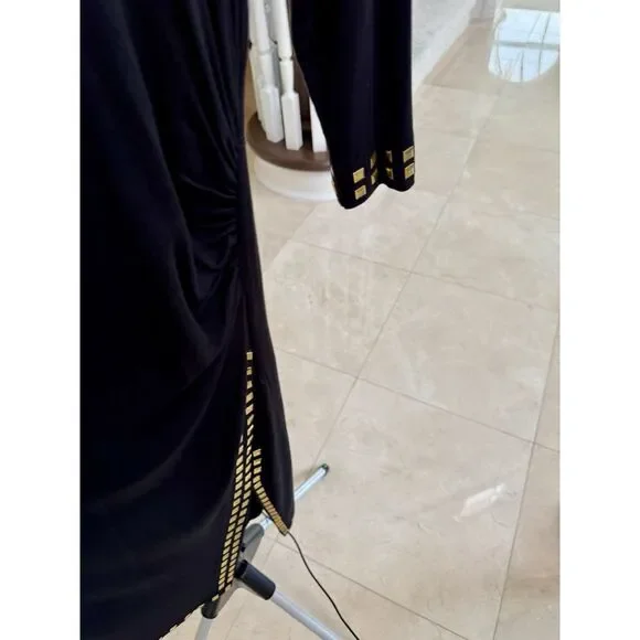 Catherine Malandrino Black Sheath Dress LBD Ruching | Gold Embellishmets Size M - Picture 5 of 14